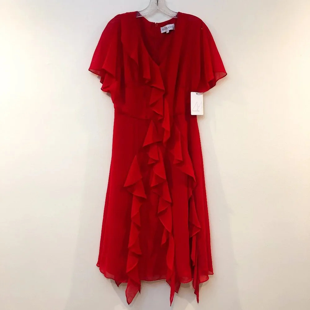 Mikael Aghal Red Chiffon Ruffle Midi Dress 10 NWT